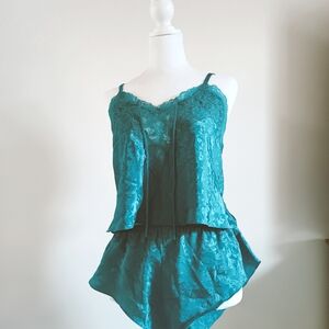 Vintage Victoria's Secret Gold Label Teal Lace Camisole and Panty Shorts Set